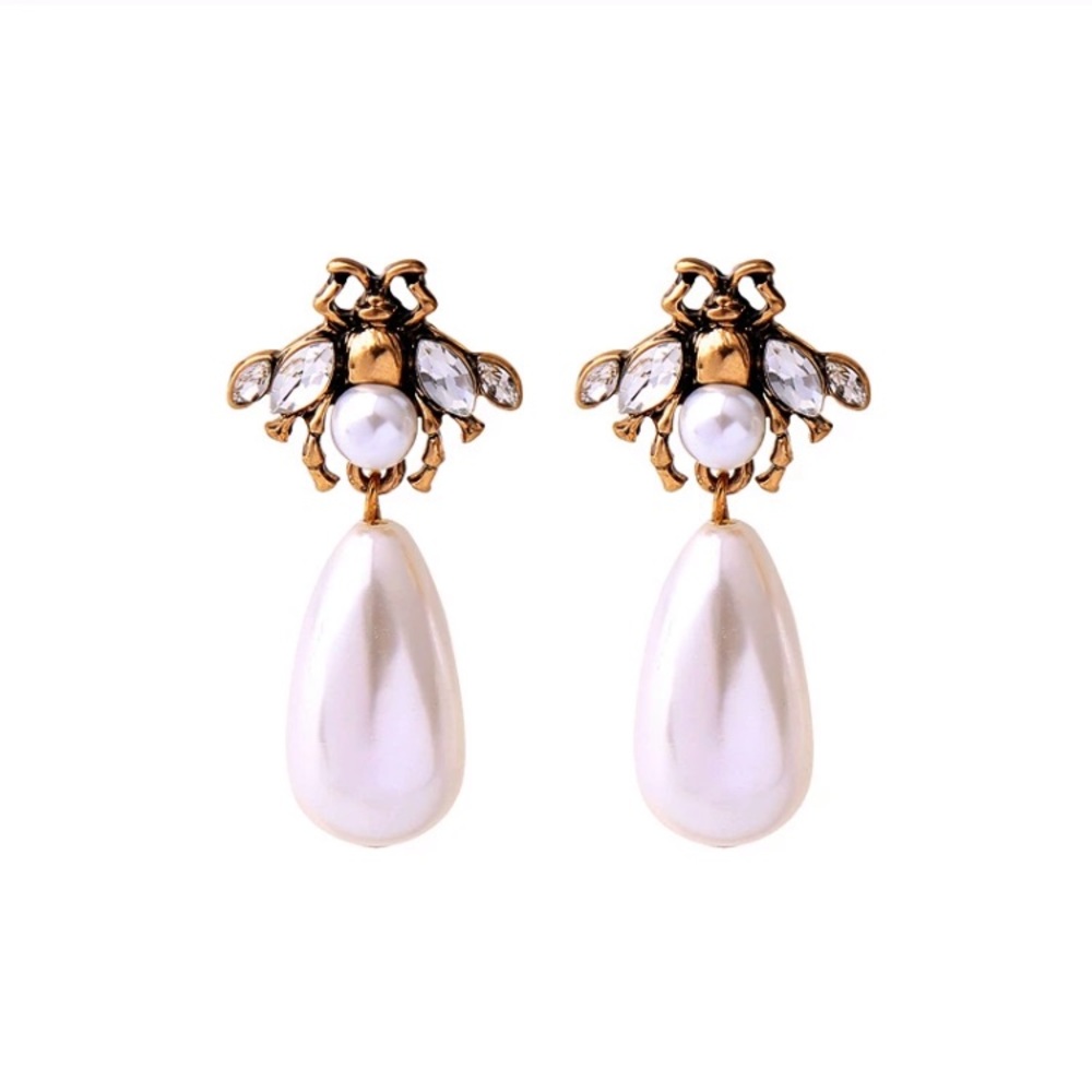 Vintage Gold Insects Drop Pearls Pendant Earrings - Picture 4 of 7